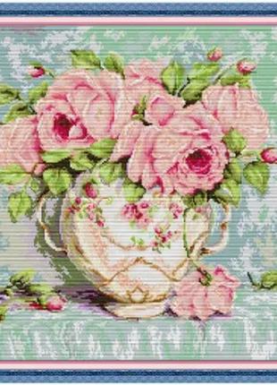 Набор для вышивания по нанесённой на канву схеме "pink rose in porcelain jar". aida 14ct printed 57*48 см