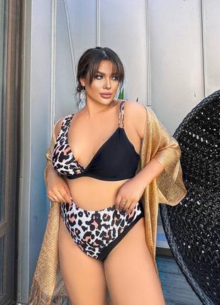 Раздельный купальник трендовый леопард принт plus size высокие трусики лямки декор анимал рисунок