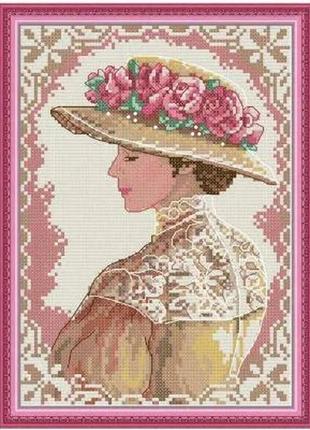 Набор для вышивания по нанесённой на канву схеме "elegant lady with hat". aida 14ct printed 19*28 см