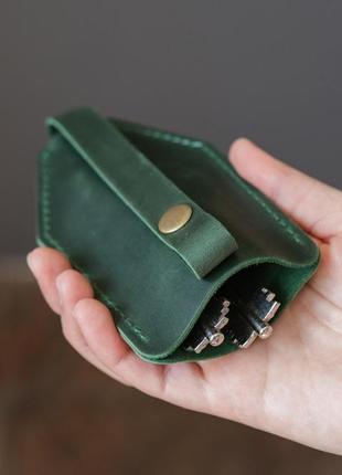 Компактная карманная кожаная  ключница, кошелек для ключей зеленый3 фото