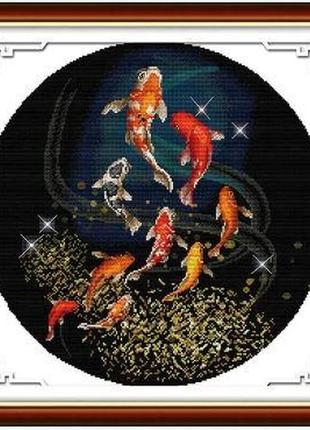 Набір для вишивання за нанесеною на канву схемою "koi carp swimming". aida 14ct printed 47*47 см