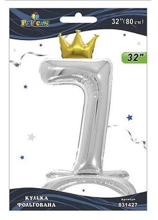 Шарик фольгированный цифра с короной на подставке "7" серебро 32"(80см) pelican серебряный pelican (831427)