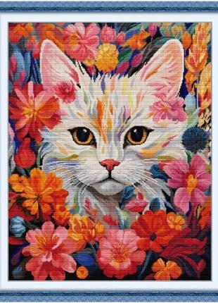 Набір для вишивання за нанесеною на канву схемою "cat in the flowers". aida 14ct printed 51*63 см