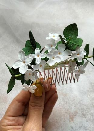 Гребінь для волосся з квітами білий бузок із фоамірану4 фото