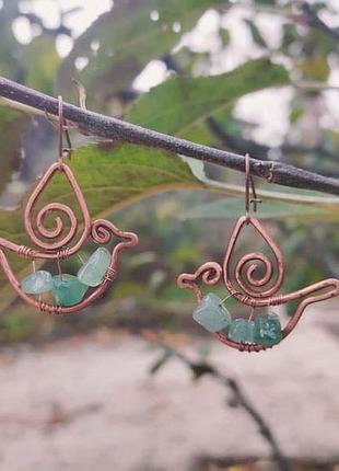 Сережки з нефритом "пташки"