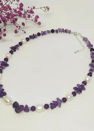 Кольє чокер з аметисту і прісноводних перлів
