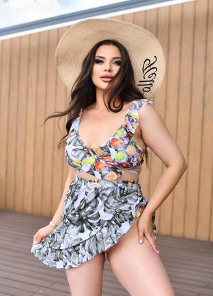 Раздельный купальник plus size парео юбочка рисунок принт фрукты растения воланы рюши завязки