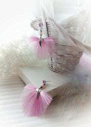 Сережки віяла листочки пусети крила атлас рожевий гвіздочки тканинні підвіски серце