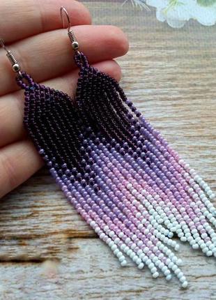 Сережки довгі із бісера "фіолет"4 фото