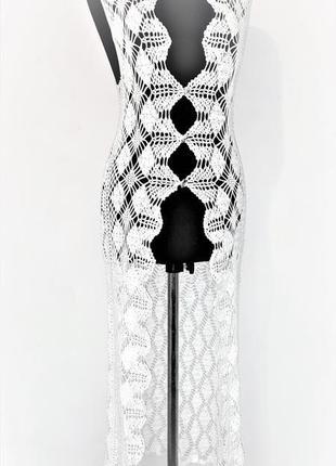 Тонкий в'язаний ажурний жіночий довгий кардиган жилет, бавовна, білий, розмір 40-42