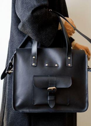 Универсальная женская деловая сумка ручной работы из натуральной кожи черного цвета1 фото