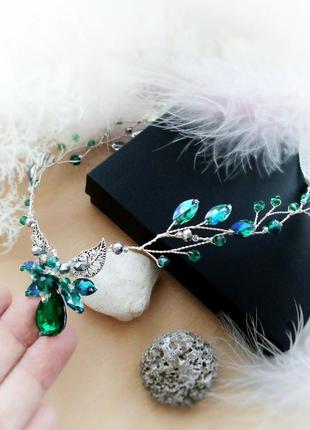 Эльфийская диадема тиара ав зеленый синий изумрудный корона ветка мягкий обруч ободок4 фото