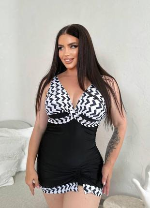 Раздельный купальник туника шортики платье геометрический рисунок plus size декольте спинка разрез