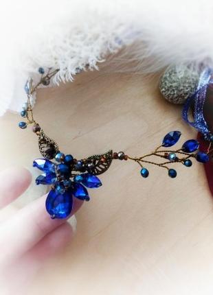 Эльфийская ветка диадема налобное украшение синий бронза винтаж косплей обруч фэнтези фея2 фото