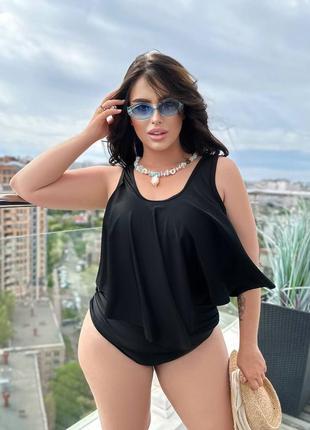 Роздільний купальник plus size майка волани високі трусики класичний ніжний