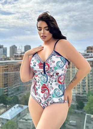 Суцільний купальник огірковий принт малюнок plus size декольте яскравий