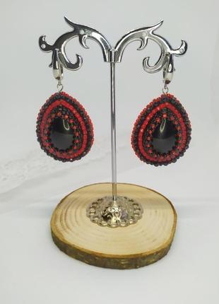 Серьги подвески из красной кожи питона с черным обсидианом4 фото