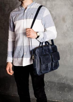 Мужская винтажная деловая сумка ручной работы из натуральной кожи синего цвета2 фото