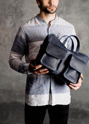 Мужская винтажная деловая сумка ручной работы из натуральной кожи синего цвета3 фото