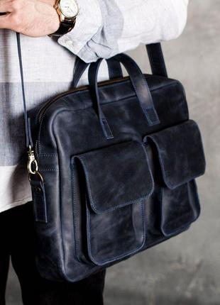 Мужская винтажная деловая сумка ручной работы из натуральной кожи синего цвета