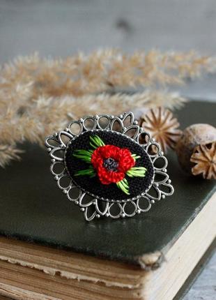 Красное черное кольцо в стиле ретро маки овальный крупный перстень с цветком украинские украшения7 фото