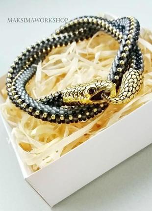 Кольє-джгут змійка  сіра із японського бісеру6 фото