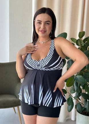 Роздільний купальник plus size шортики туніка декольте хрест на хрест полоски спинка