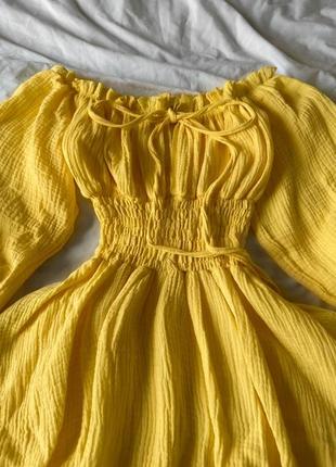 Желтое женское нежное муслиновое платье мини женское короткое платье муслин5 фото