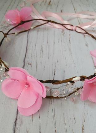 Розовый венок на голову цветы и хрусталь2 фото