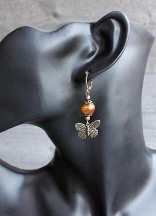 Коричневі сережки з тигровим оком сережки метелики осінні прикраси в подарунок2 фото