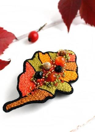 Осенняя брошь лист оранжевая брошь с камнями яркая брошь на шарф, палантин, шапку3 фото