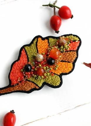 Осенняя брошь лист оранжевая брошь с камнями яркая брошь на шарф, палантин, шапку4 фото