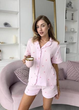 Пижама женская муслин шорты+рубашка с карманами cosy сердца