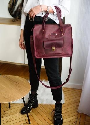 Универсальная женская деловая сумка ручной работы из натуральной винтажной кожи бордового ц5 фото
