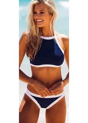 Купальник жіночий роздільний типу танк темно-синій з білим m