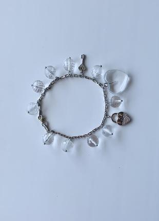 Серебряный браслет-цепочка с натуральным горным хрусталём и подвесками "ледяное сердце"3 фото