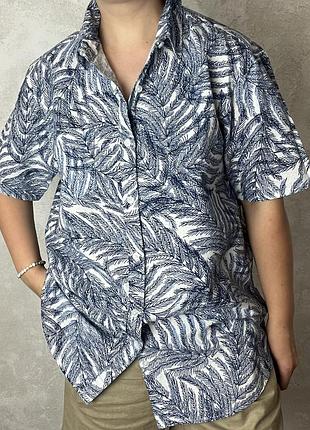 Рубашка из льна и хлопка в лиственный принт f&amp;f размер l оверсайз льняная хлопковая гавайка натуральная летняя