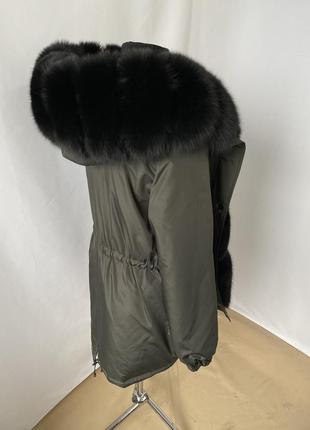 Женская зимняя парка, куртка в цвете хаки с мехом финского чёрного песца, 42-60 размеры