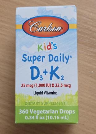 Carlson, super daily, d3 + k2 для детей, 25 мкг (1000 м) и 22,5 мкг, 10,16мл