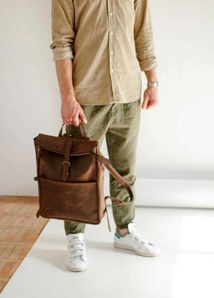 Стильный мужской рюкзак  lumber из натуральной винтажной кожи коричневого цвета4 фото
