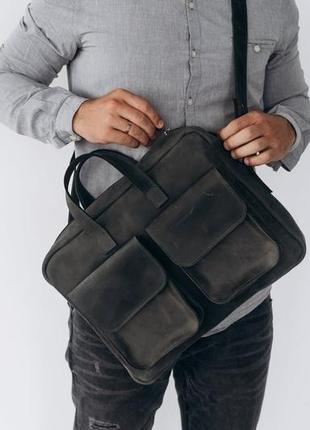 Мужская винтажная деловая сумка ручной работы из натуральной кожи темно-серого цвета6 фото