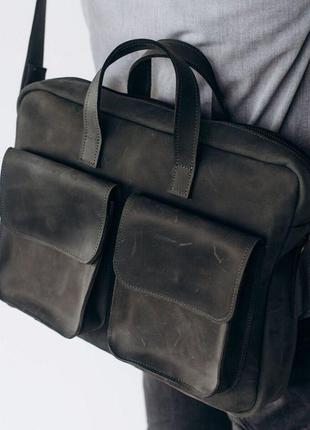 Чоловіча вінтажна ділова сумка ручної роботи з натуральної шкіри темно-сірого кольору