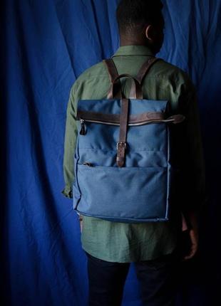 Стильний чоловічий рюкзак  з натуральної вінтажної шкіри коричнево-синього кольор4 фото