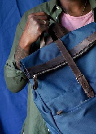 Стильний чоловічий рюкзак  з натуральної вінтажної шкіри коричнево-синього кольор6 фото