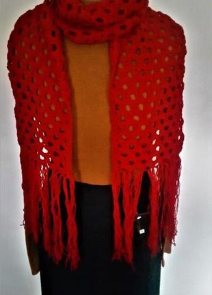 Теплий, ажурний, жіночий шарфик червоного кольору ручної роботи, довжина 150 см2 фото