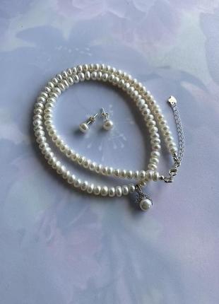Трендові намиста-колє з натуральних перлів зі срібним підвісом "ранька квітка"2 фото