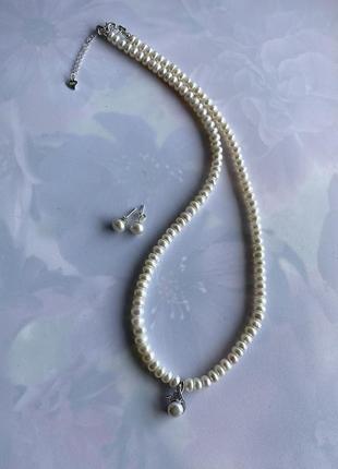 Трендові намиста-колє з натуральних перлів зі срібним підвісом "ранька квітка"3 фото