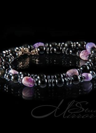 Намисто з обсидіану, чароїта, гематиту з сріблом