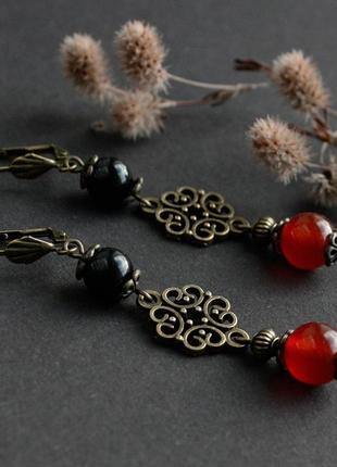 Помаранчеві чорні сережки з сердоліку і агата осінні прикраси у вінтажному стилі1 фото