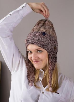 Зимняя шапка ручной вязки, женская шерстяная шапка, массивная вязаная шапка, теплая шапка с помпонам5 фото